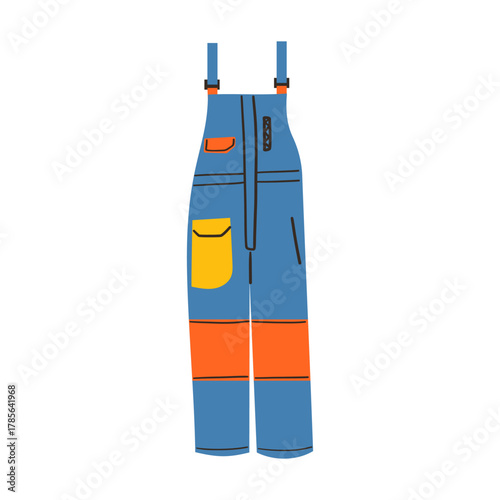 Winter skiing pants for mountain sport in blue color. Hand drawn vector illustration in flat style on white background. Ski, snowboard pants . Warm waterproof and windproof clothes