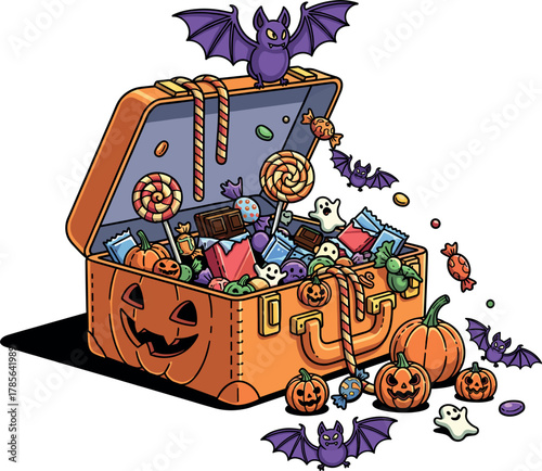 Open halloween suitcase overflowing with candy and spooky decorations
