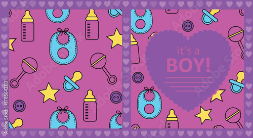 Baby boy announcement card template with cute baby elements