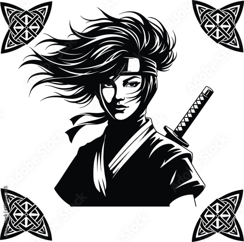 Honorable shogun vector portrait: an intense illustration of an exquisite female samurai warrior with flowing hair a katana, bordered by four opulent traditional black and white celtic knot frames.