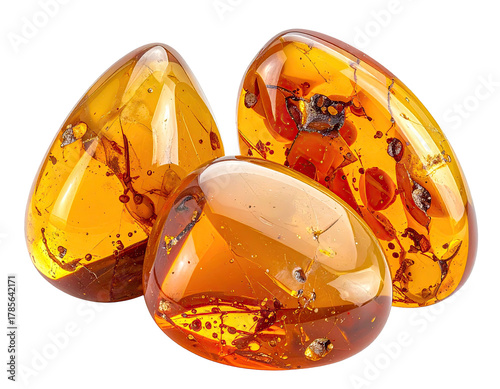 Three polished, translucent amber stones with inclusions, on black background