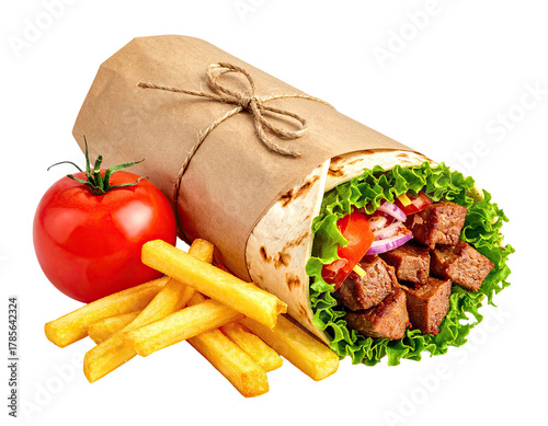A wrapped meal, fries, tomato, and filling visible, on a transparent backdrop