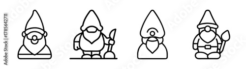Charming garden gnome character line icon set with tools vector