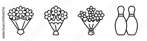 Minimalist outline icons of flower bouquets and bowling pins.