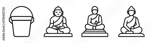 Minimalist outline vector icons: bucket and three buddha statues