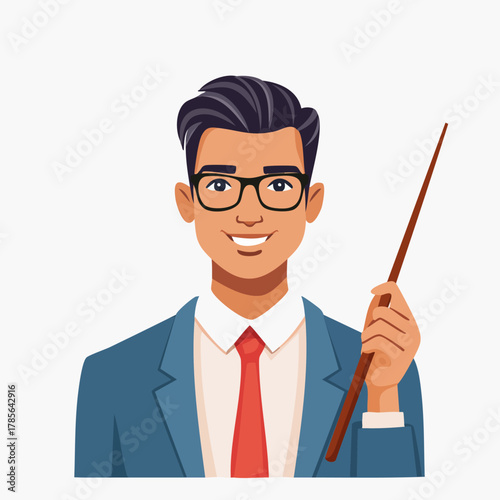 Smiling teacher with glasses holding a pointer.