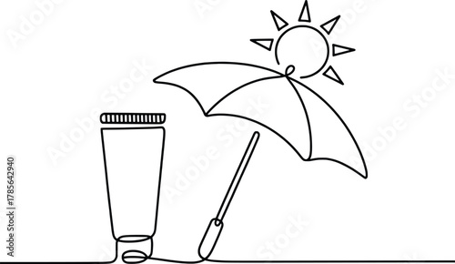Sun protection symbols sun umbrella and sunscreen tube line drawing isolated on white