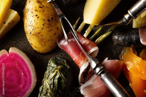 Culinary craftsmanship showcasing an intricate arrangement of seasonal vegetables accompanied by artisanal charcuterie presented on a rustic plate inspired by gourmet dining aesthetics