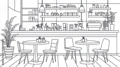 Fototapeta Naklejka Na Ścianę i Meble -  Interior cafe sketch, line art, furniture, plants, coffee machine