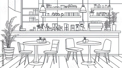 Obraz Interior cafe sketch, line art, furniture, plants, coffee machine