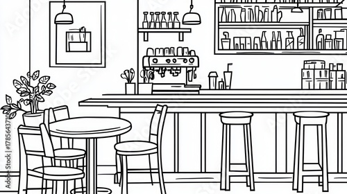 Interior cafe sketch, bar counter, tables, and chairs. Use Coloring book, educational material