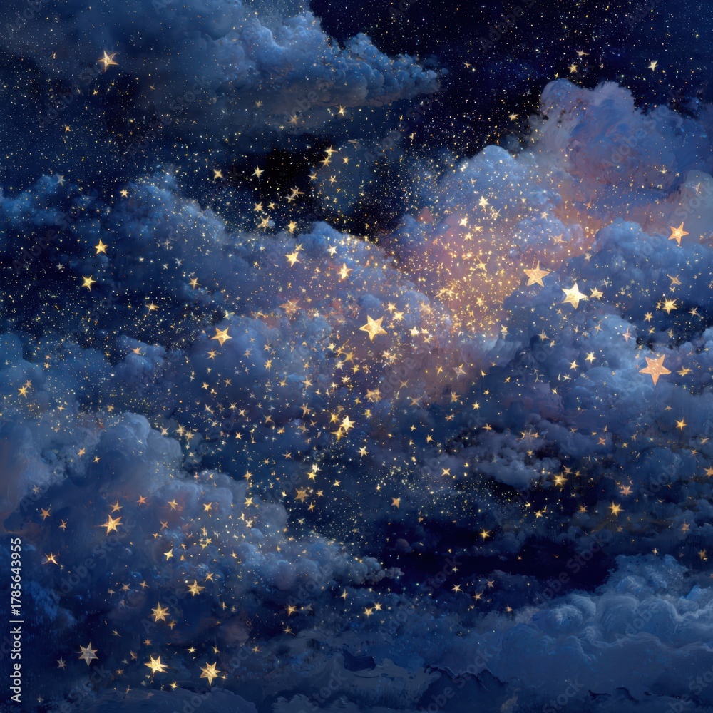 Fototapeta premium Starry Night Sky with Shimmering Clouds and Twinkling Stars