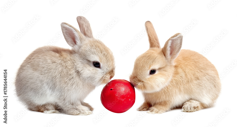 Fototapeta premium two adorable baby rabbits with red ball, isolated on transparent background