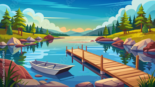 Very beautiful rustic wooden dock on raised pontoons extending into an idyllic Minnesota lake, featuring calm summer water, clear sky, soft natural light, and a realistic peaceful outdoor atmosphere.