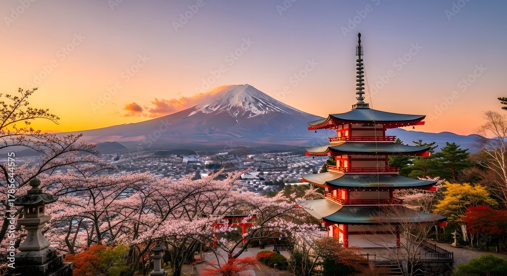Obraz premium Traditional Japanese pagoda with Mount Fuji in background, sunrise golden light, autumn maple leaves, cinematic photography, ultra-realistic