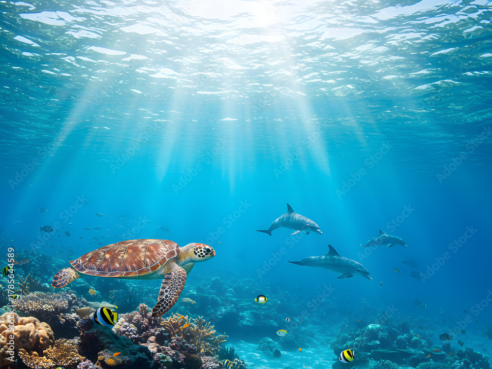 Fototapeta premium Underwater Coral Reef with Sea Turtle & Tropical Fish.Vibrant underwater panorama showcasing coral reef with diverse fish, sea turtle. Colorful marine life thrives in sunlit ocean