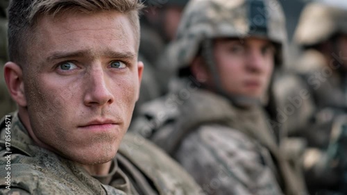 Intense portrait of a soldier showing determination and focus during military training
