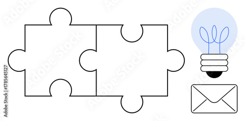 Two connecting puzzle pieces, a glowing light bulb, and an envelope convey collaboration, innovation, creativity, teamwork, problem-solving, idea exchange and communication. Ideal for teamwork
