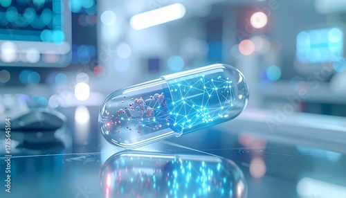 Digital pill futuristic medicine concept with brain  virus structure in lab.