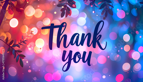 Thank you Hand drawn lettering on blurred lights background. Calligraphic Lettering