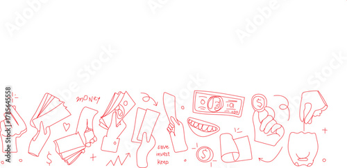 Abstract red and white sketch of a busy urban scene stylized, abstract line drawing in red and white depicts a bustling city street with buildings, trees, and figures.