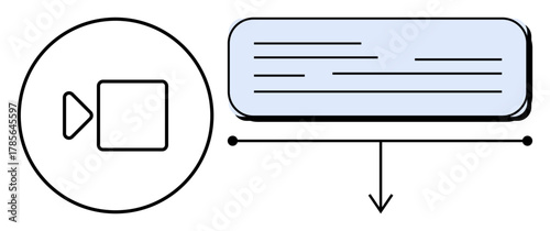 Video symbol connects with descriptive text box via an arrow. Ideal for media streaming, video tutorials, communication, content sharing, education, technology, and modern design. Simple flat
