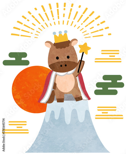 富士山の上にいるかわいい馬・午年の2026年年賀状アイコンイラスト