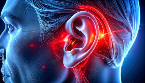 Ear Infection Pain  3D medical illustration of human ear with inflammation.
