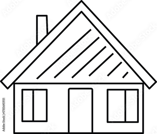 Simple Line Art House Illustration: Black and White Drawing of a Home with Roof, Chimney, Door, and Windows for Coloring Pages