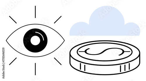 Eye icon radiating awareness, coin portraying financial focus, and cloud highlighting connectivity. Ideal for innovation, finance, strategy, technology, foresight, big data simple flat metaphor