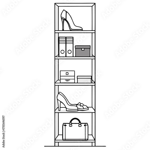 Organized shelf display of fashion accessories and storage boxes