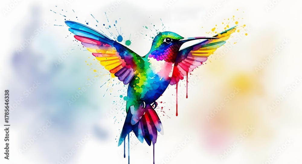 Obraz premium Vibrant watercolor illustration of a colorful hummingbird in flight with splashes of paint and dynamic brushstrokes on a light background
