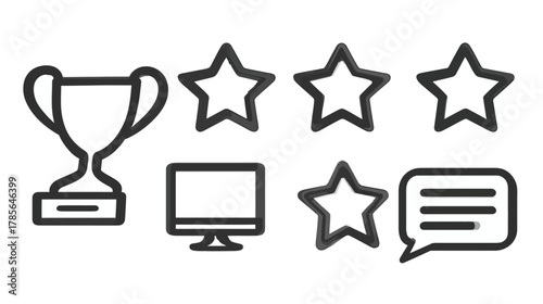 Modern outline icons set: trophy for achievement, star ratings, computer monitor for technology, and speech bubble for communication.