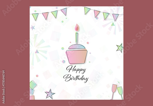 Editable Happy Birthday Post Template with Cupcake and Pastel Party Elements on White Background for Social Media Post.