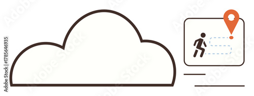Cloud symbol alongside a GPS map marker with a running figure and a dashed path. Ideal for cloud technology, navigation, route planning, mobility, fitness tracking, geolocation, and data sharing