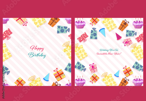 Editable Happy Birthday Greeting Card Templates with Colorful Elements on White Striped Background for Social Media Post.