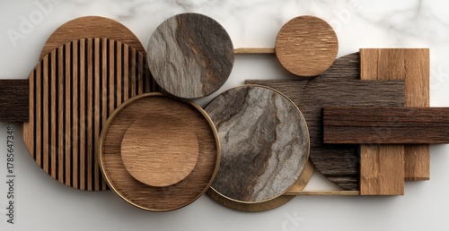 Abstract wooden shapes collage on white marble backdrop