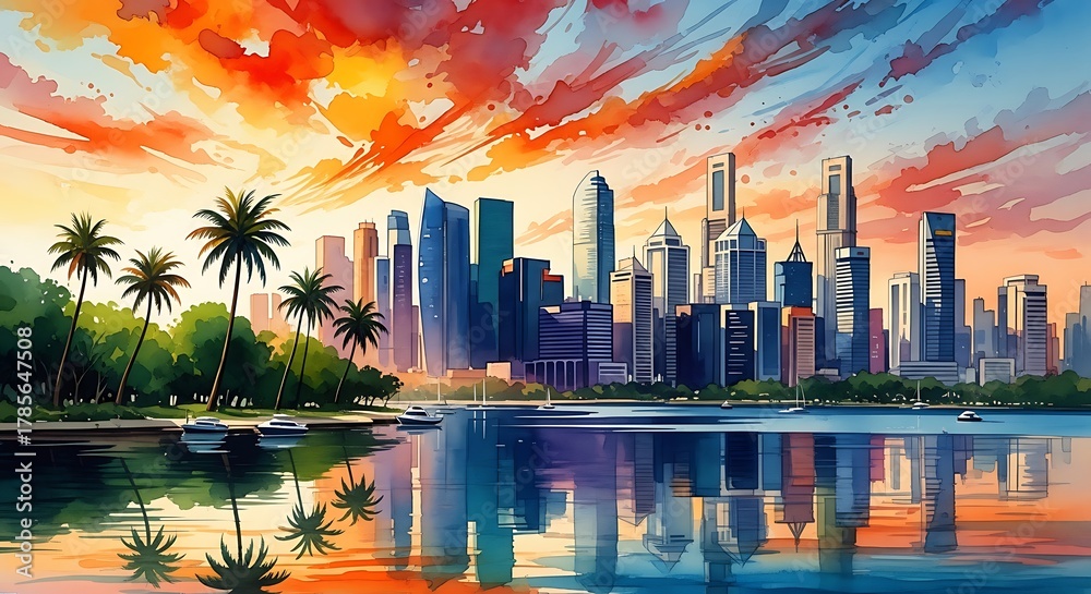 Fototapeta premium Vibrant Cityscape at Sunset: A Vision of Modern Urban Living and Tropical Paradise for Business Travel and Tourism Promotions