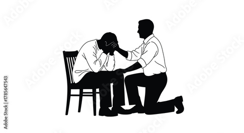 Man consoles friend sitting on chair, showing empathy and support.