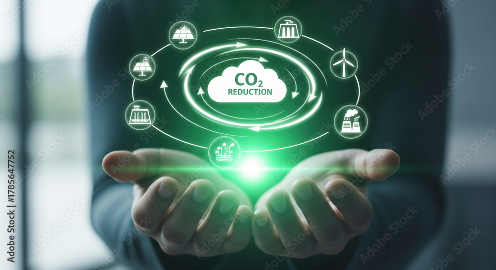 Fototapeta premium CO2 reduction sustainability renewable energy green technology environmental protection clean energy innovation eco friendly climate action futuristic concept