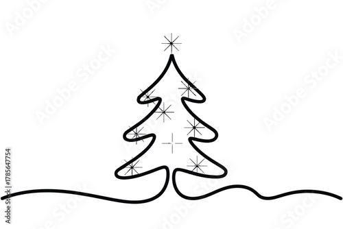 A simple line drawing of a decorated Christmas tree with sparkling lights and a star topper.