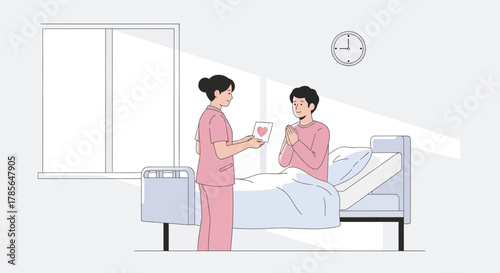 Hospital Care Nurse Presents Heart Card To Patient In Bedroom Sunlight Therapy Healing