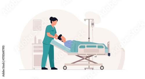 Hospital Caregiver Attending to Sick Patient in Hospital Bed With Intravenous Drip