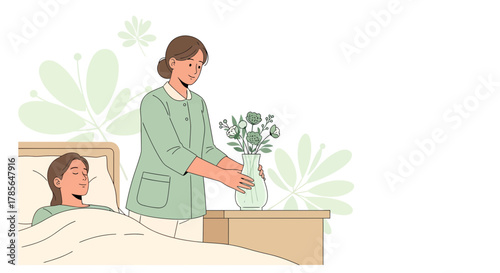 Hospital Caregiver Placing Flowers for Patient Feeling Comforted and Peaceful Atmosphere