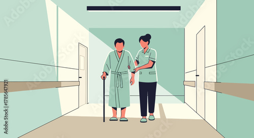Hospital Corridor Illustration: Nurse Assisting Patient with Mobility, Health, and Care