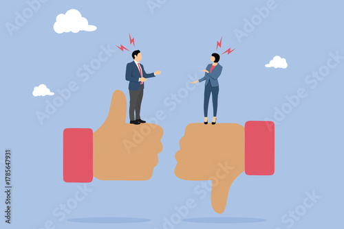 Male and female furious arguing on difference thumb up and down. Conflict and argument between colleagues, controversy or difference opinion, disagree, confrontation or rivalry fighting.