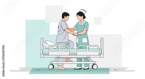 Hospital Care Nurse Helping Patient Stand Up From Bed Wellbeing Concept Illustration