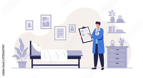 Hospital Consultation Illustration: Doctor Explaining Medical Report Near The Patient's Bed