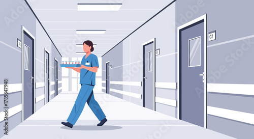 Hospital Corridor: A Nurse Walking with Medical Supplies for Patient Care Duties
