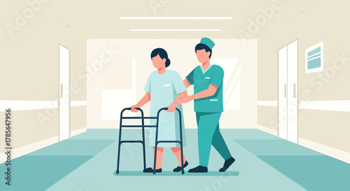 Hospital Corridor Scene Shows Medical Professional Assisting Patient Recovery And Support